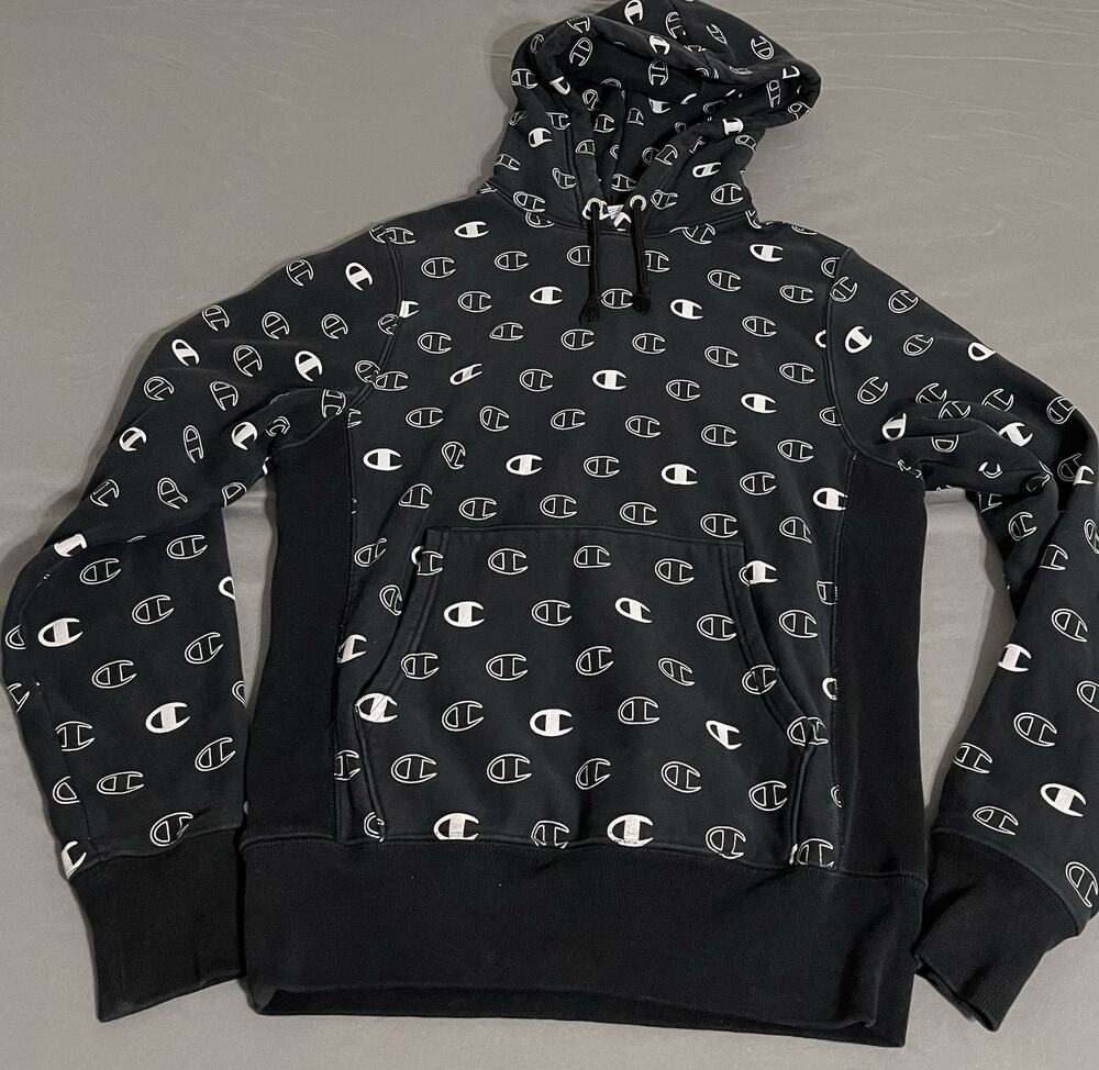 Champion Reverse Weave Hoodie Small Black White All Over Print Logo AOP Modern